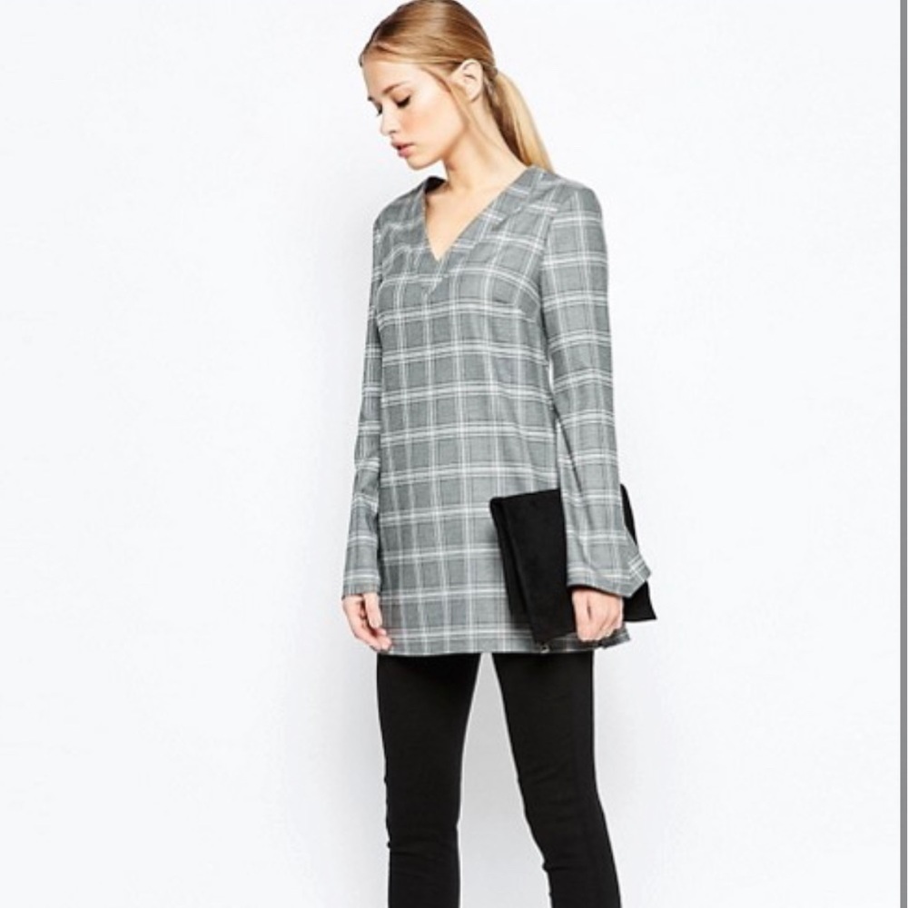 ASOS v neck long sleeve plaid tunic bell sleeve